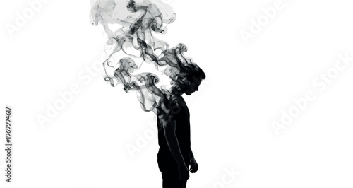  Human Becoming Smoke Silhouette vector graphic illustration depicting a man's dark silhouette in profile, with dynamic black smoke rising from his head and upper body, conveying themes of stress.