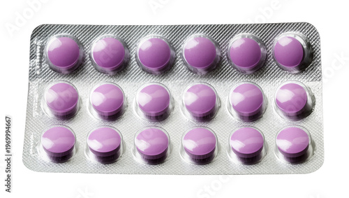 Billede på lærred Violet round pills neatly arranged in blister pack, showing medication dosage