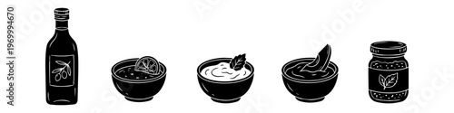 Set of black and white hand-drawn icons featuring olive oil bottle, dipping sauces, and condiments. Minimalist kitchen and food silhouettes for culinary, healthy eating, and recipe designs.