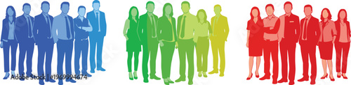 Collection of professional business team silhouettes in blue green and red colors standing together isolated on white background for corporate leadership and teamwork concepts
