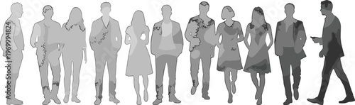 Diverse group of young professional men and women standing and walking together in textured gray silhouettes isolated on white background for modern corporate design