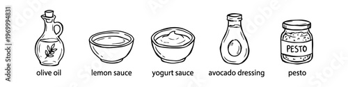 Hand-drawn black and white sketches of olive oil, lemon sauce, yogurt sauce, avocado dressing, and pesto jar. Ideal for recipe cards, menus, and culinary illustrations.