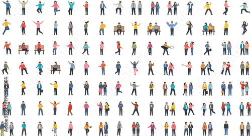 Large collection of flat tiny people characters in various poses walking sitting standing and jumping isolated on white background for architectural visualization and urban design