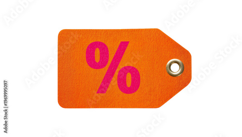 Bild auf Leinwand Bright orange sale tag, displaying magenta percentage symbol with silver grommet