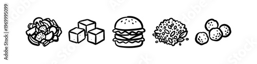 Set of five hand-drawn food icons: fresh salad, tofu cubes, a classic burger, a pile of grains, and meatballs. Black and white doodle style perfect for menus, healthy eating, and vegan themes.