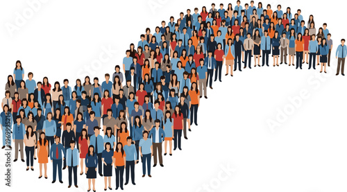 Large group of diverse people characters standing together forming a curved shape isolated on white background for community teamwork and social connection concepts