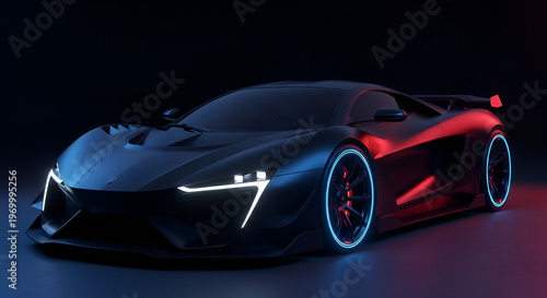 Futuristic sports car with neon lights on dark background