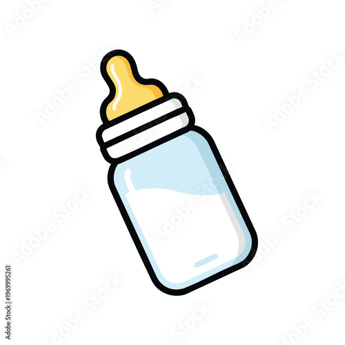 Cartoon baby bottle filled with milk, with a yellow nipple and blue tint