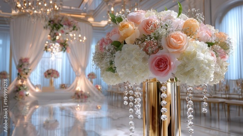 Elegant event venue interior with floral arrangements, white sheer drapes, and golden for wedding celebration accents