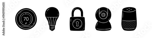 Hand-drawn set of smart home technology icons featuring a thermostat, light bulb, padlock, security camera, and voice assistant speaker. Minimalist black doodle style on white background.