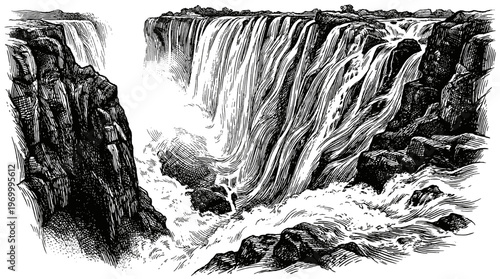 A dramatic black and white illustration of a powerful waterfall cascading over rugged cliffs into a turbulent river below.
