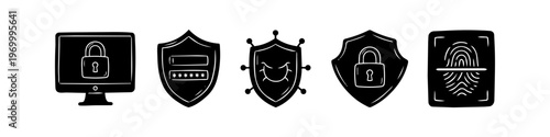 Hand-drawn cybersecurity icon set featuring a locked monitor, password shield, virus protection, security shield, and fingerprint scan in a minimalist black and white doodle style.