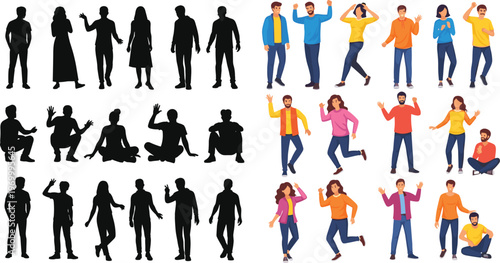 Large set of flat vector people characters and black silhouettes in various poses including standing sitting walking and jumping isolated on white background