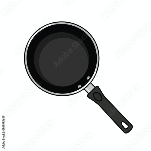 A flat, black frying pan with a silver rim and a black handle