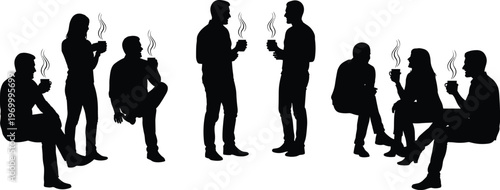 Set of black silhouettes featuring people drinking coffee and talking in various poses sitting and standing isolated on white background for cafe concept