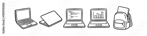 Hand-drawn doodle icons of laptops and a backpack, featuring coding, business charts, and educational themes. Minimalist black and white line art vector illustrations for technology and school.