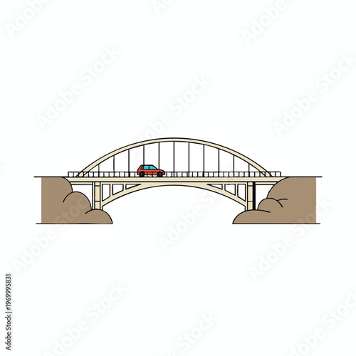Red car crosses an arch bridge supported by concrete abutments over a landscape