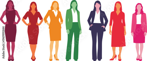 Set of colorful silhouettes of professional business women standing in elegant office attire isolated on white background for female empowerment and corporate leadership concepts