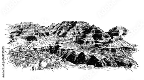 A detailed black and white ink sketch of a vast, rugged canyon landscape with layered rock formations and deep shadows, showcasing geological erosion and natural beauty.