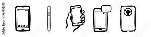 Set of hand-drawn smartphone doodle icons featuring front, side, and back views, a hand holding a phone, and a message notification. Perfect for UI design and tech-themed presentations.