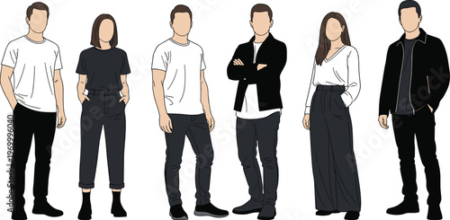Set of flat vector character illustrations of diverse young men and women in casual black and white outfits standing confidently isolated on white background