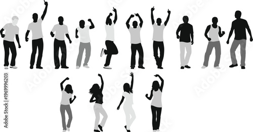 Set of various people silhouettes in different dancing poses and movements isolated on white background for party celebration nightclub and music event design
