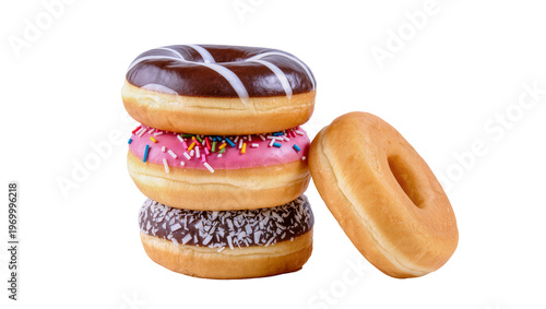 Obraz na płótnie Stacked glazed donuts with chocolate sprinkles and colorful icing, plus plain ri