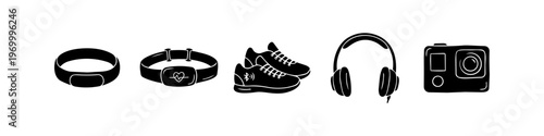 Collection of black and white icons featuring wearable sports technology: fitness tracker, heart rate monitor, smart running shoes, headphones, and an action camera. Minimalist vector style.