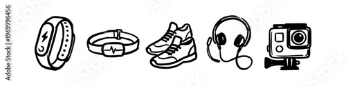 Set of hand-drawn sports and fitness tech icons including a tracker, heart rate monitor, sneakers, headphones, and action camera. Minimalist black and white doodle style for active lifestyles.