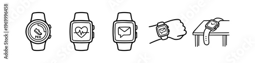 Set of hand-drawn smartwatch icons in line-art style, showing fitness tracking, heart rate, messaging, and usage scenarios. Minimalist black and white doodle illustrations for wearable tech.