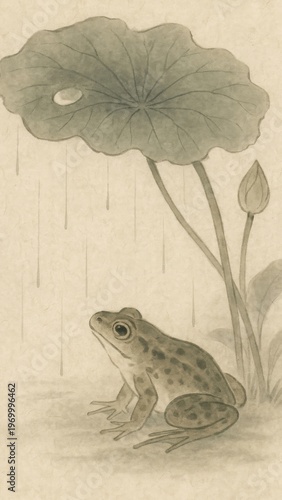 Frog under lotus leaf rain