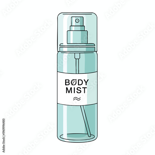 Clear bottle with blue liquid, cap, and spray nozzle