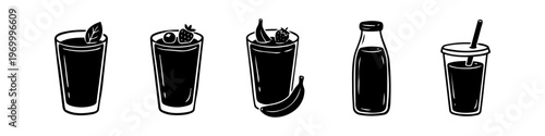 Set of minimalist black and white icons for healthy smoothies, fresh juices, and milk bottles. Perfect for menu design, health apps, and organic food branding.
