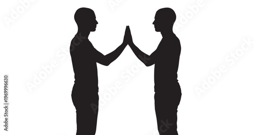 Mirror Self Interaction Silhouette, vector graphic illustration featuring two identical male silhouettes standing face-to-face, with their hands touching at the center.