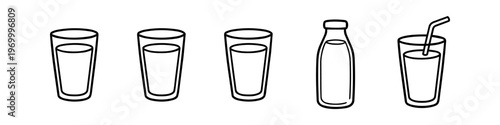 Collection of minimalist line icons representing milk in glasses and a bottle. Simple black and white vector art perfect for dairy packaging, health apps, and breakfast menus.