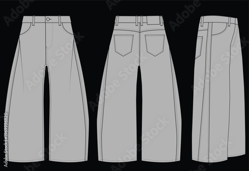 Canvastavla Baggy Wide Leg Jeans Technical Drawing Vector Front Back and Side View