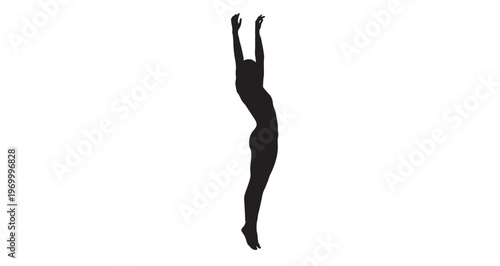 Gravity Pull From Above Silhouette vector graphic illustration of a minimalist black silhouette human figure with arms raised in an upward motion, conveying feelings of triumph, ascension.