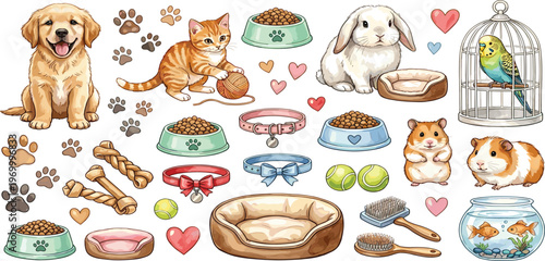 Cute pet accessories and animal illustrations, featuring dogs, cats, rabbits, hamsters, birds, and fish, alongside food bowls, beds, toys, and grooming tools