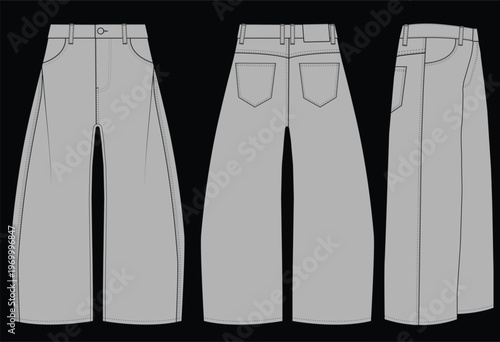 Fotografie Baggy Wide Leg Jeans Technical Drawing Vector Front Back and Side View
