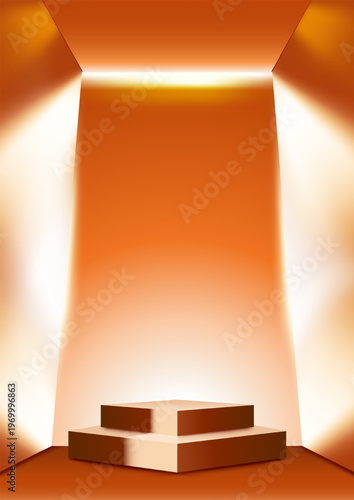 3D Orange Luxury Podium with Futuristic Glowing Light Background
