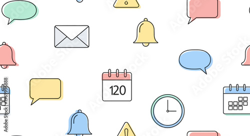 Colorful icons of communication and time.