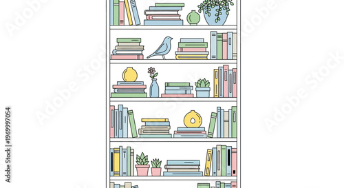 Colorful bookshelf with decorative objects.