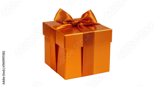 Copper gift box wrapped in shiny orange ribbon, adorned with a satin bow