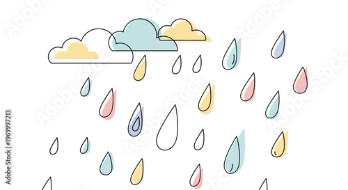 Colorful raindrops falling from clouds.