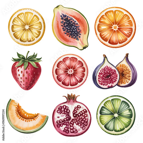 watercolor fruit collection hand painted botanical vector set, fresh fruit illustration pack minimalist food art template, hand drawn fruit elements botanical watercolor clipart set