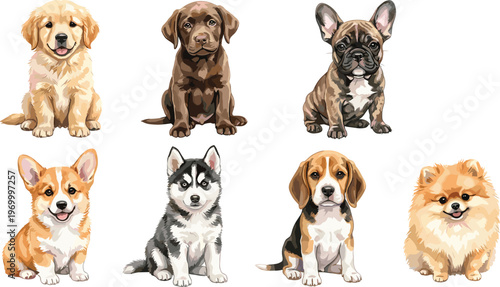 An adorable collection of diverse puppy breeds, showcasing the charm and cuteness of young dogs in a delightful illustration style