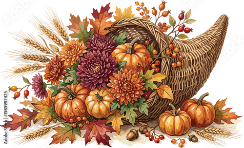 Autumnal cornucopia overflowing with pumpkins, chrysanthemums, berries, leaves, and wheat, celebrating fall harvest and Thanksgiving