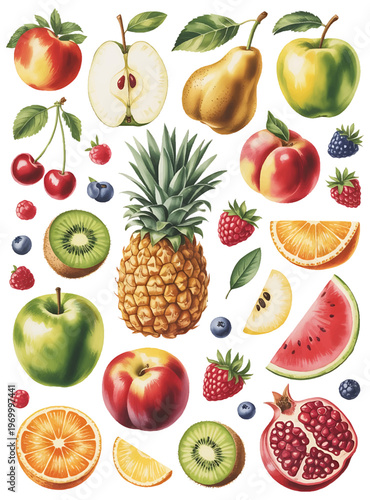 watercolor fruit collection set, hand painted fresh fruits illustration, colorful botanical fruit clipart set