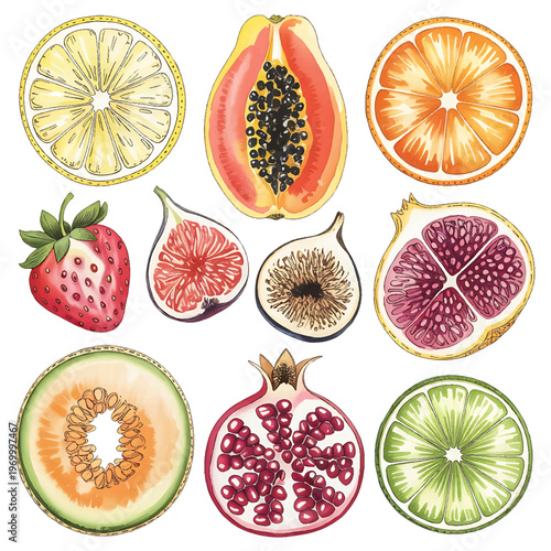 watercolor fruit collection hand painted botanical vector set, fresh fruit illustration pack minimalist food art template, hand drawn fruit elements botanical watercolor clipart set