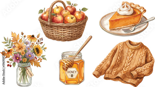 Charming autumn watercolor collection harvest apples, pumpkin pie, fall flowers, golden honey, and a cozy knitted sweater – ideal for seasonal designs and festive projects